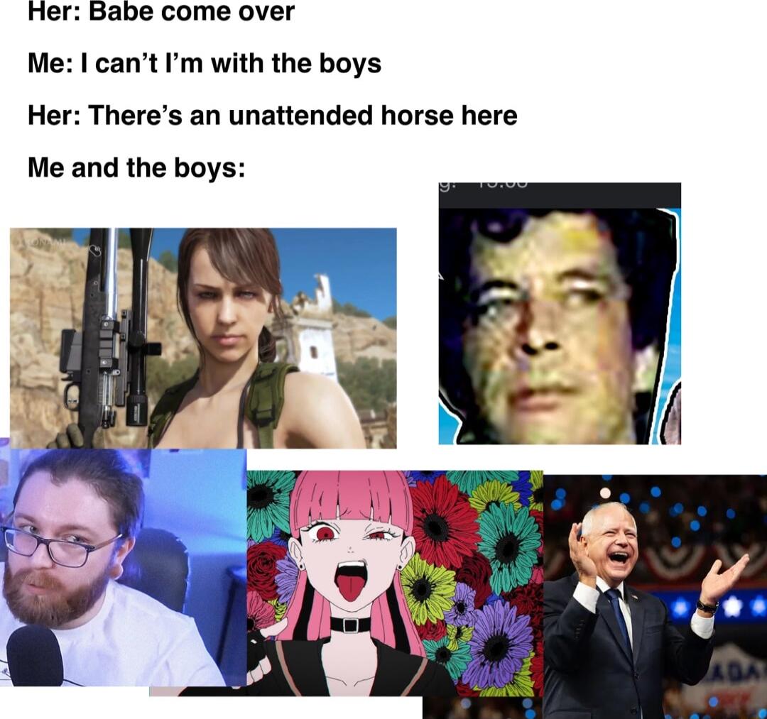 Her Babe come over Me cant Im with the boys Her Theres an unattended horse here Me and the boys
