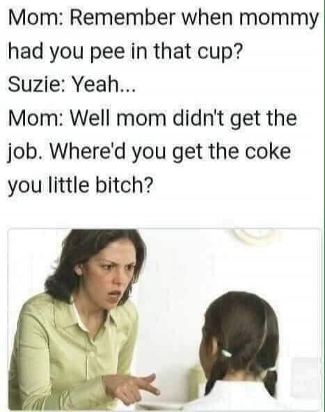 Mom: Remember when mommy had you pee in that cup?
Suzie: Yeah...
Mom: Well mom didn't get the job. Where'd you get the coke you little bitch?