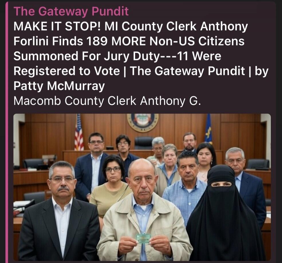 The Gateway Pundit: MAKE IT STOP! MI County Clerk Anthony Forlini Finds 189 MORE Non-US Citizens Summoned For Jury Duty---11 Were Registered to Vote. Article by Patty McMurray. Macomb County Clerk Anthony G.