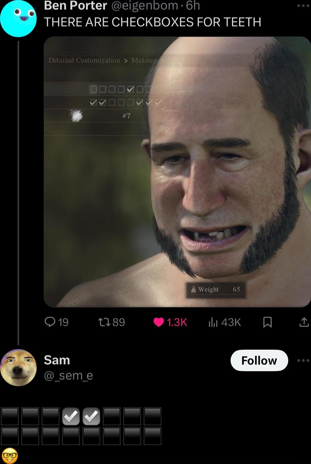 Ben Porter eigenbom 6h THERE ARE CHECKBOXES FOR TEETH Q19 ns 13K 4k R _seme o