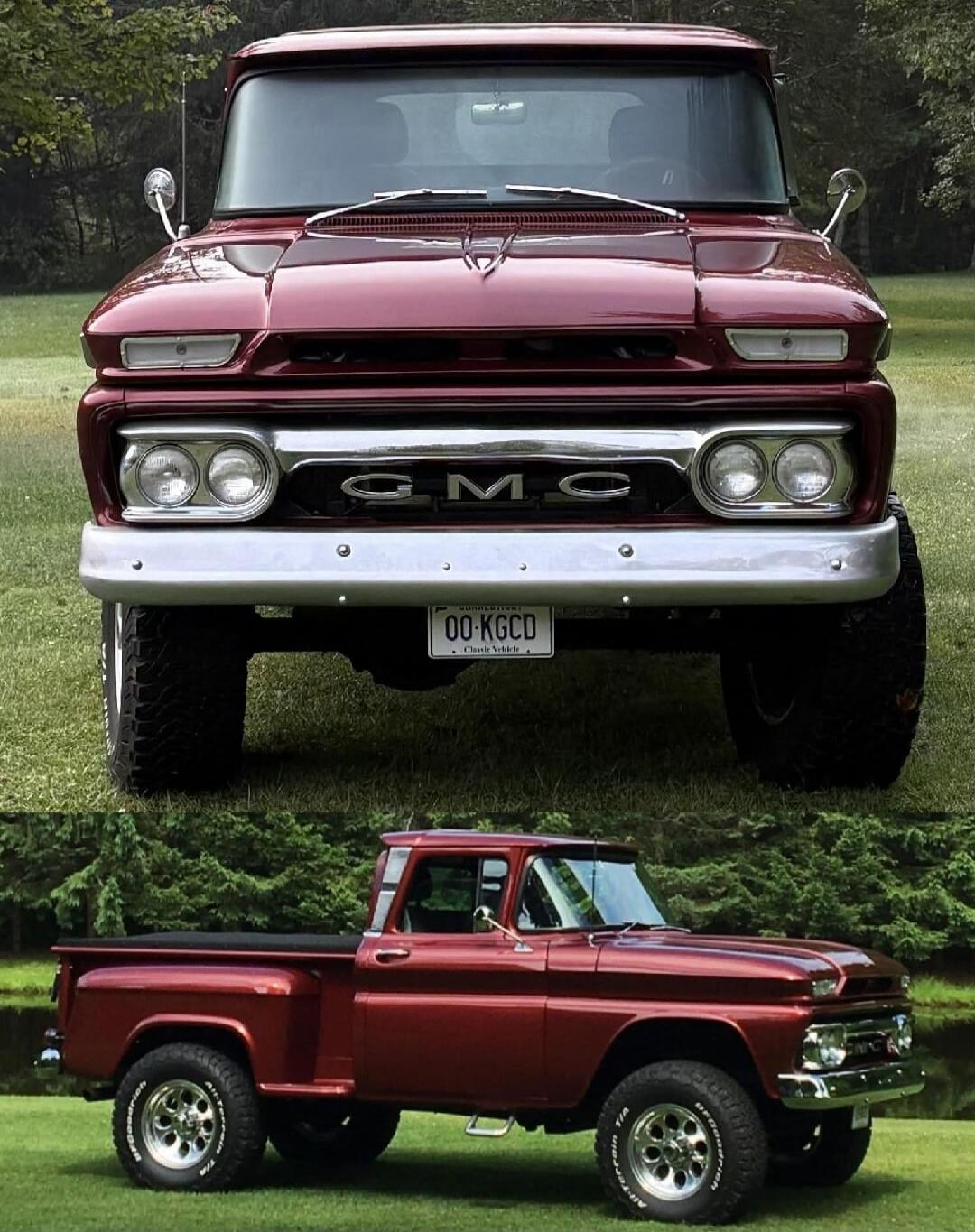 GMC lettering on the front grille of a vintage red GMC pickup; chrome bumper and round headlights. Front and side views of the truck parked on a grassy field; license plate visible on the bumper.