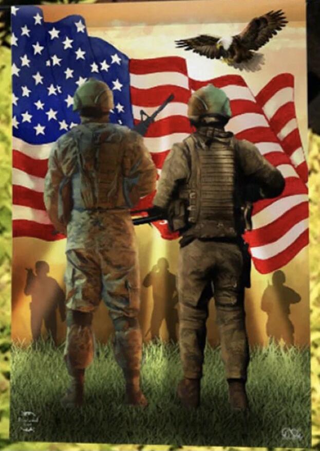 Two soldiers stand in front of the American flag, with an eagle flying above.