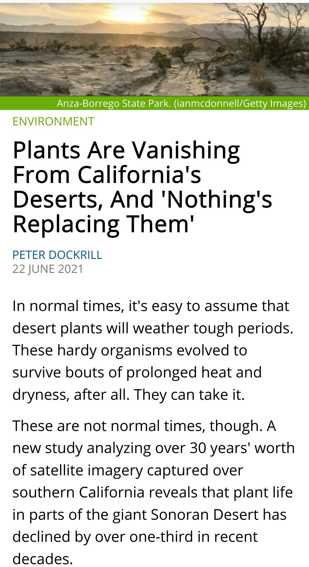 o Anza Borrego State Park ianmcdonnellGetty INEEES ENVIRONMENT Plants Are Vanishing From Californias Deserts And Nothings Replacing Them PETER DOCKRILL 22 JUNE 2021 In normal times its easy to assume that desert plants will weather tough periods These hardy organisms evolved to survive bouts of prolonged heat and dryness after all They can take it These are not normal times though A new study anal