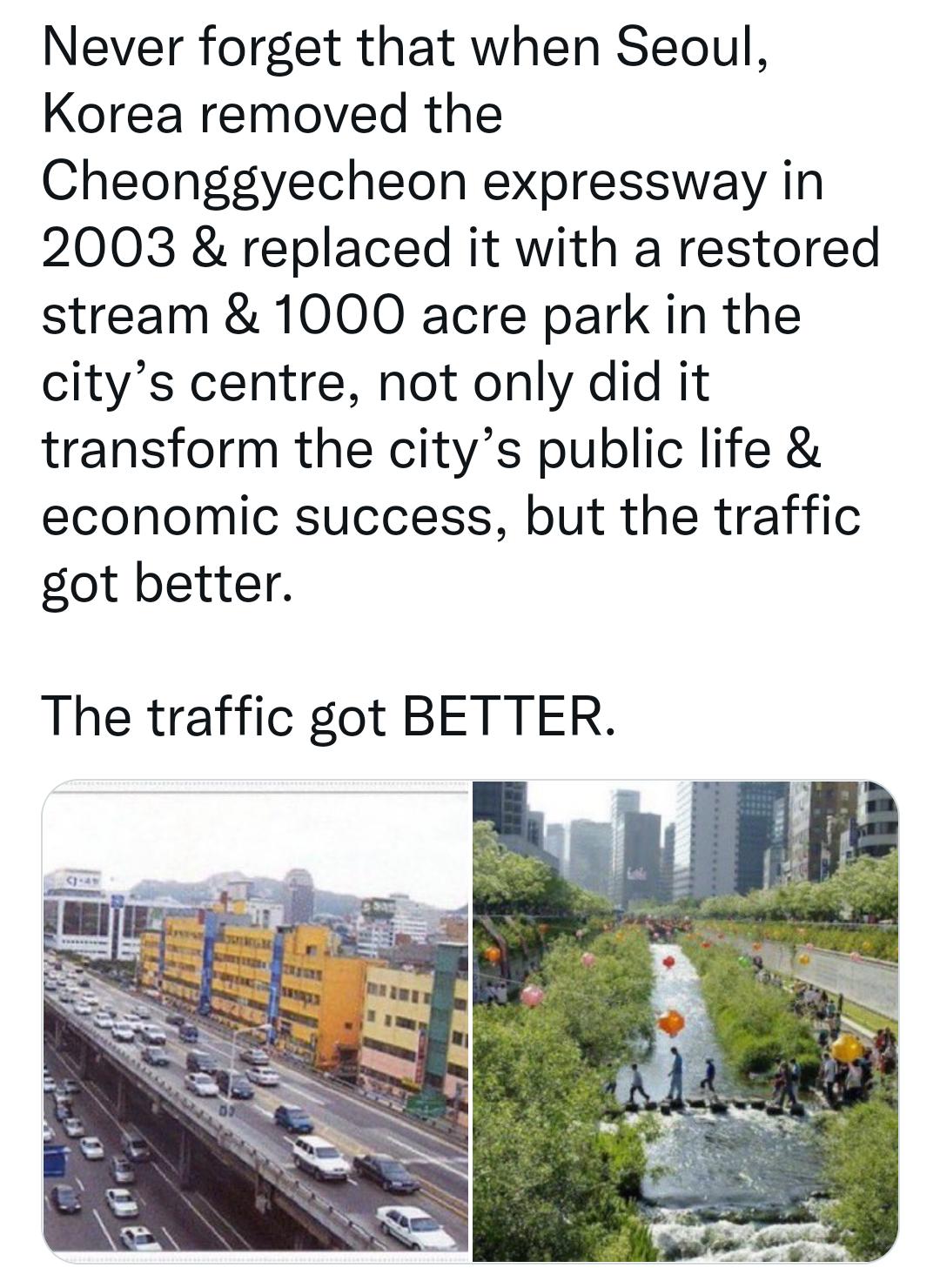 Never forget that when Seoul Korea removed the Cheonggyecheon expressway in 2003 replaced it with a restored stream 1000 acre park in the citys centre not only did it transform the citys public life economic success but the traffic got better The traffic got BETTER