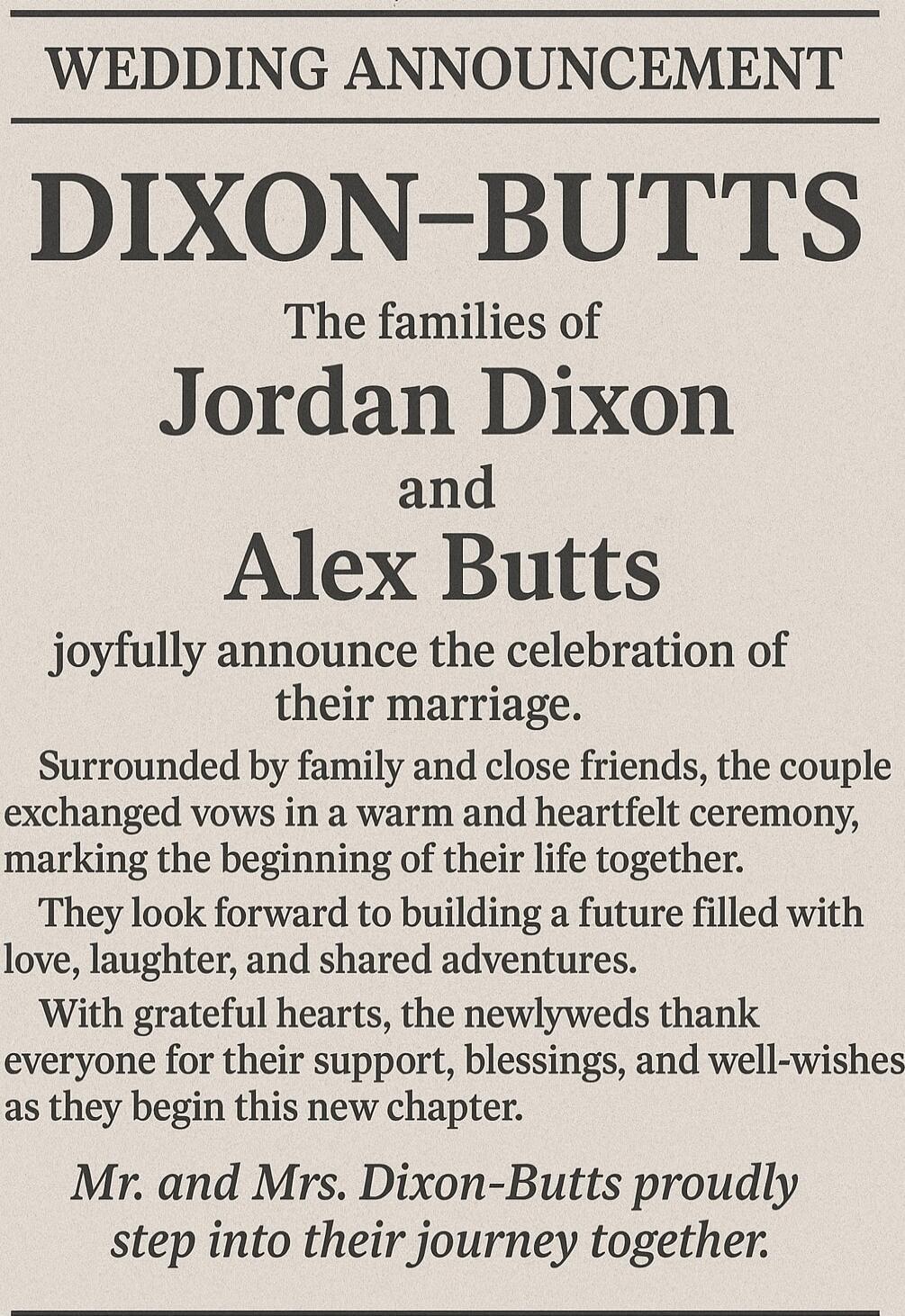 WEDDING ANNOUNCEMENT
DIXON-BUTTS
The families of
Jordan Dixon
and
Alex Butts
joyfully announce the celebration of
their marriage.
Surrounded by family and close friends, the couple
exchanged vows in a warm and heartfelt ceremony,
marking the beginning of their life together.
They look forward to building a future filled with
love, laughter, and sha
