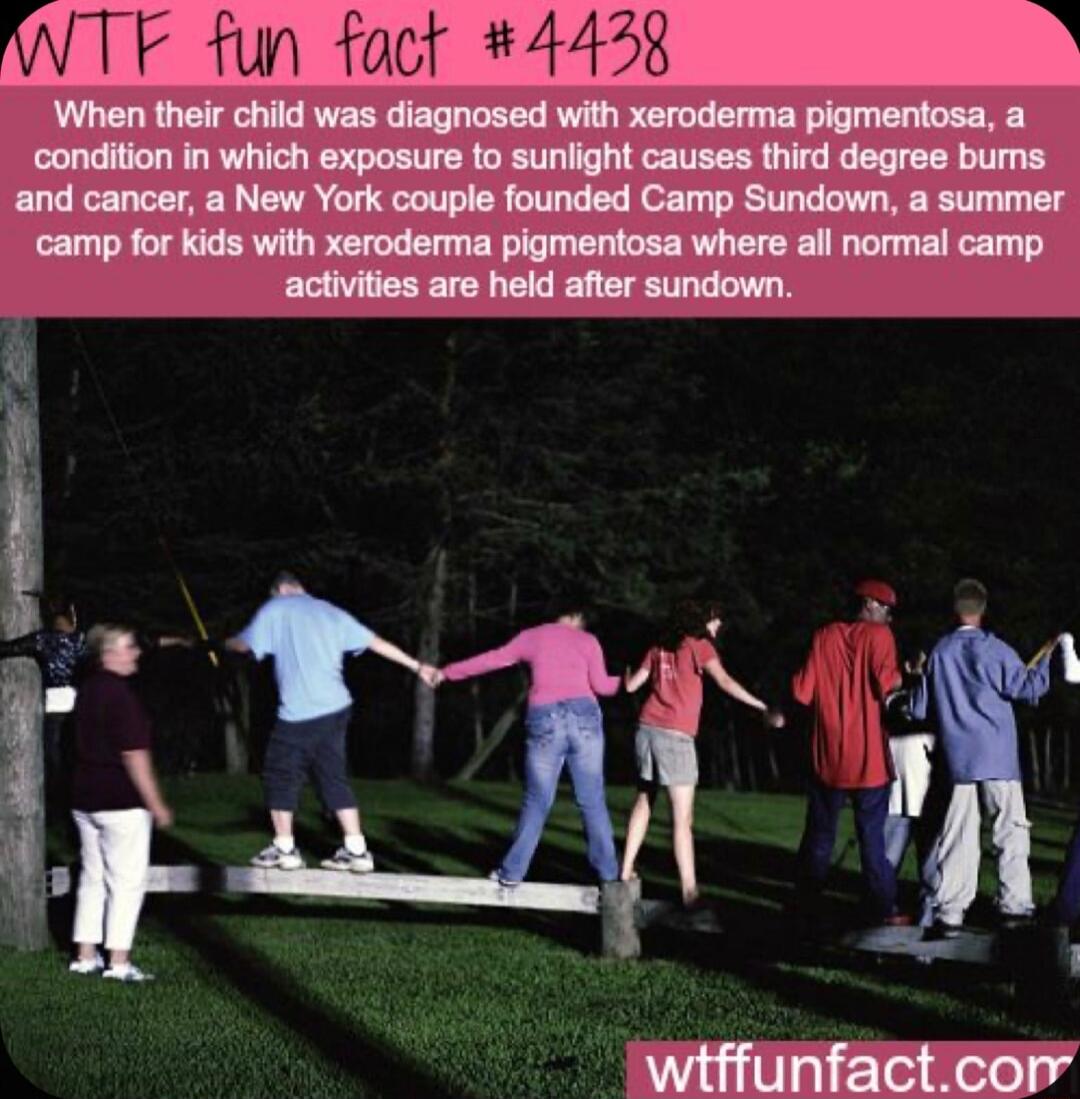 F fun fact 4428 When their child was diagnosed with xeroderma pigmentosa a condition in which exposure to sunlight causes third degree burns and cancer a New York couple founded Camp Sundown a summer ccamp for kids with xeroderma pigmentosa where all normal camp