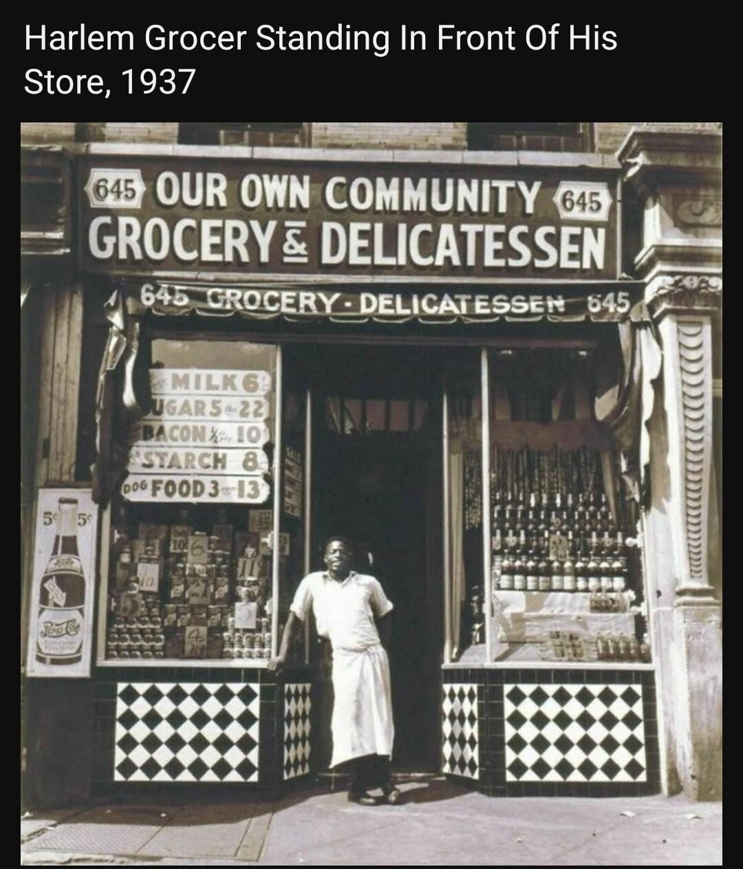 Harlem Grocer Standing In Front Of His Store 1937 23 OUR OWN COMMUNITY A GROCERY DELICATESSEN At