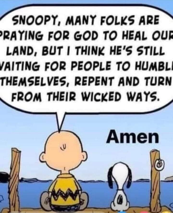 Snoopy, many folks are praying for God to heal our land, but I think He's still waiting for people to humble themselves, repent and turn from their wicked ways. Amen.