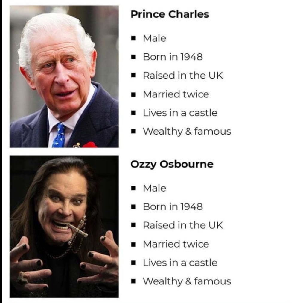 Prince Charles Male Born in1948 Raised in the UK Married twice Livesinacastle Wealthy famous 0Ozzy Osbourne Male Bornin1948 Raised in the UK Married twice Livesinacastle Wealthy famous