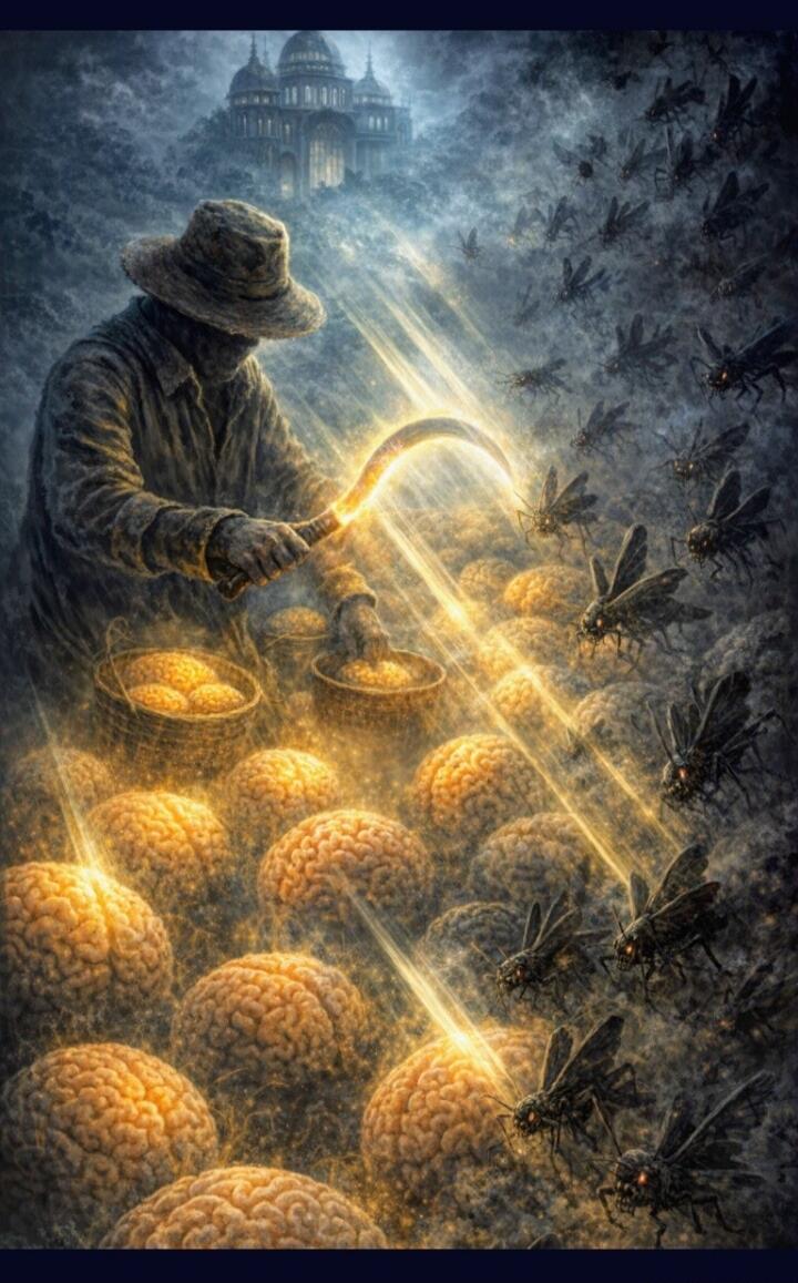 A farmer with a sickle in his hands, harvesting brains from a field, while being attacked by locusts. In the background, a grand, ominous building.