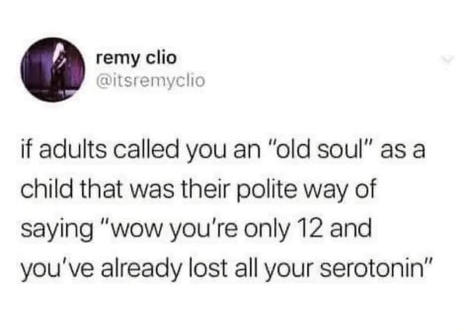 0 remy clio ditsremyclio if adults called you an old soul as a child that was their polite way of saying wow youre only 12 and youve already lost all your serotonin