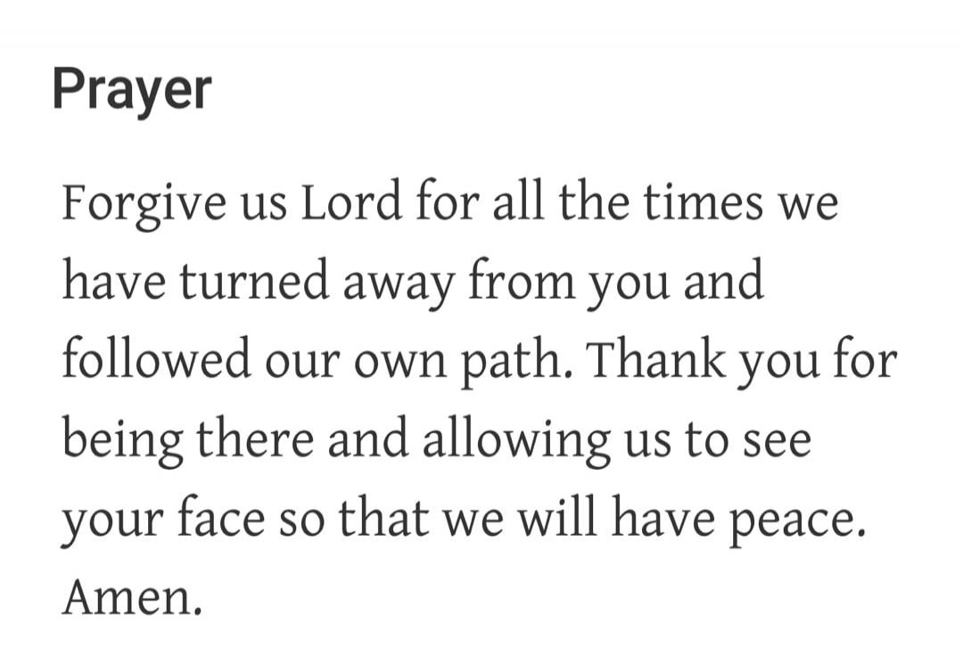 Prayer. Forgive us Lord for all the times we have turned away from you and followed our own path. Thank you for being there and allowing us to see your face so that we will have peace. Amen.