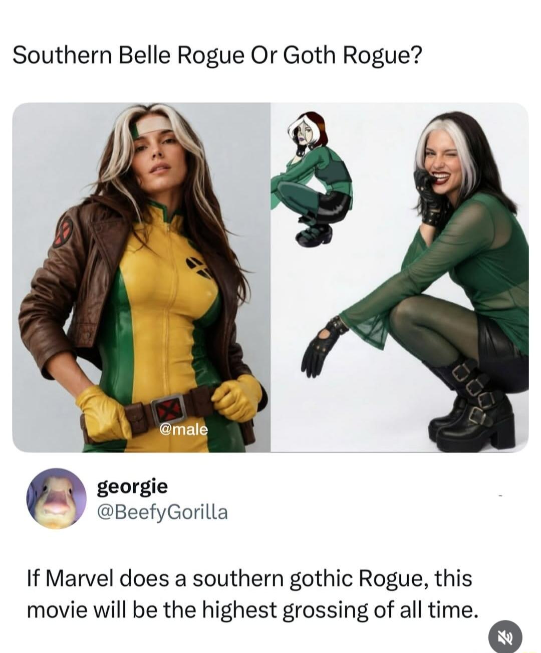 Southern Belle Rogue Or Goth Rogue? If Marvel does a southern gothic Rogue, this movie will be the highest grossing of all time. The image shows a comparison between two interpretations of the Marvel character Rogue: one in her classic yellow and green costume, labeled 'Southern Belle Rogue', and another in a more modern, gothic-inspired green shee
