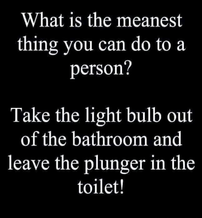 What is the meanest thing you can do to a person?

Take the light bulb out of the bathroom and leave the plunger in the toilet!