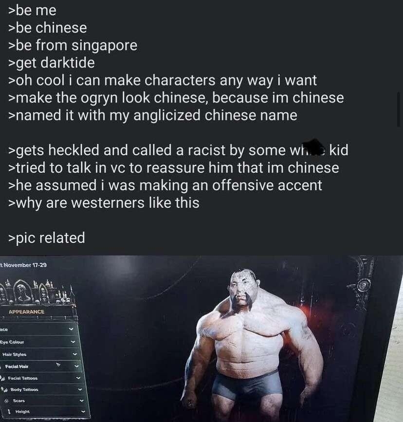 fgv Warhammer 40K Memeposting y 3o 28m be me be chinese be from singapore get darktide oh cool i can make characters any way i want make the ogryn look chinese because im chinese named it with my anglicized chinese name gets heckled and called a racist by some wi _ kid tried to talk in vc to reassure him that im chinese he assumed i was making an offensive accent why are westerners like this pic r