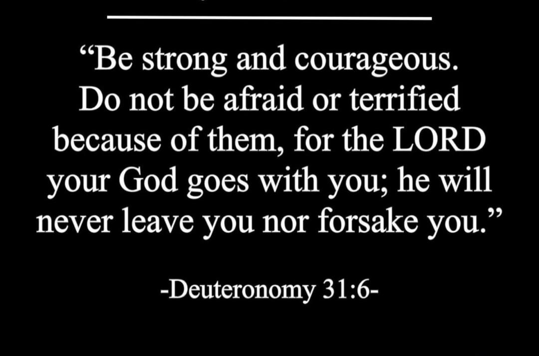 Be strong and courageous. Do not be afraid or terrified because of them, for the LORD your God goes with you; he will never leave you nor forsake you. -Deuteronomy 31:6-