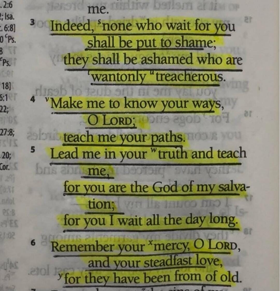 me. Indeed, none who wait for you shall be put to shame; they shall be ashamed who are wantonly treacherous. Make me to know your ways, O Lord; teach me your paths. Lead me in your truth and teach me, for you are the God of my salvation; for you I wait all the day long. Remember your mercy, O Lord, and your steadfast love, for they have been from o