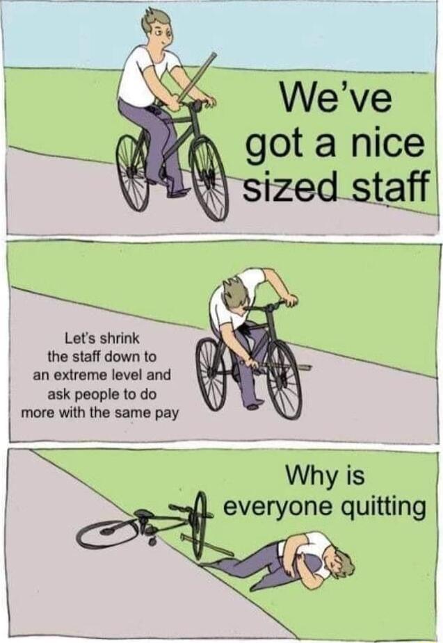 Weve got a nice Letl shrink the staff down to an extreme level and ask people to do more with the same pay Why is everyone quitting