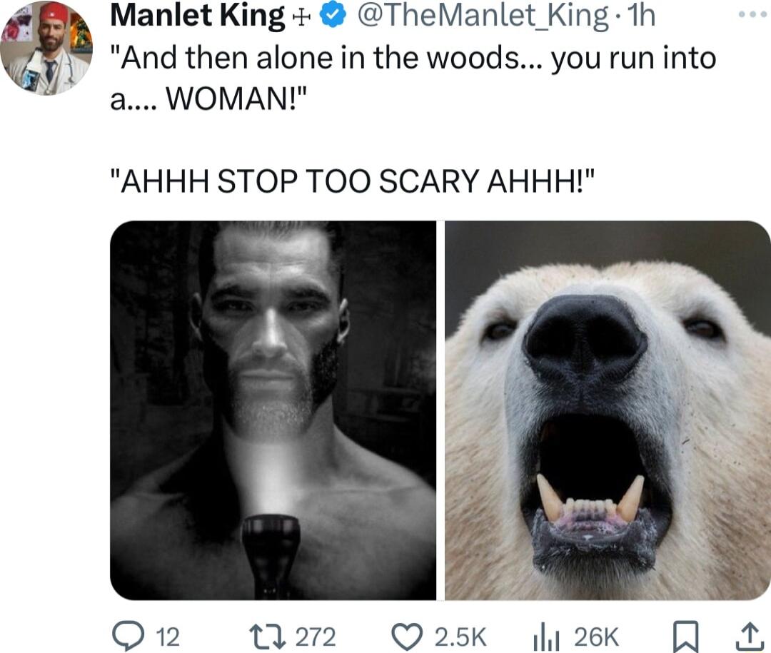 ii Manlet King TheManlet King 1h 4 1 Andthen alone in the woods you run into aWOMAN AHHH STOP TOO SCARY AHHH