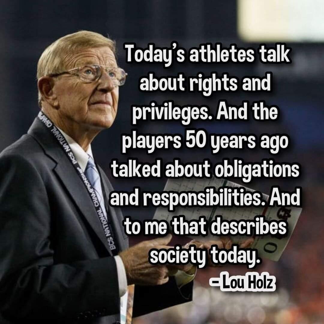 Todays athletes talk about rights and privileges And the players 50 years ago talked about obligations and responsnbdesAnd A tome that describes socletg todaq