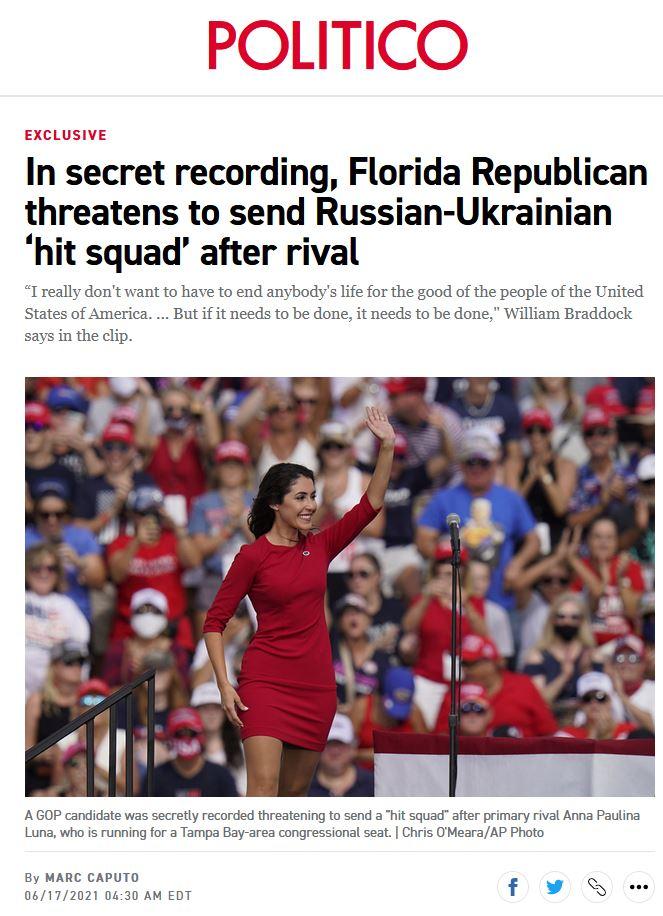 Inr eret recording Florida Republican threatens to send Russian Ukrainian hit squad after rival I really dont want to have to end anybodys life for the good of the people of the United States of America But if it needs to be done it needs to be done William Braddock says in the clip AGOP candidate was secretly recorded threatening to send a hit squad after primary rival Anna Paulina Luna who is ru