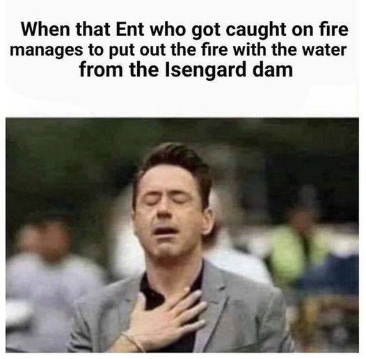 When that Ent who got caught on fire manages to put out the fire with the water from the Isengard dam