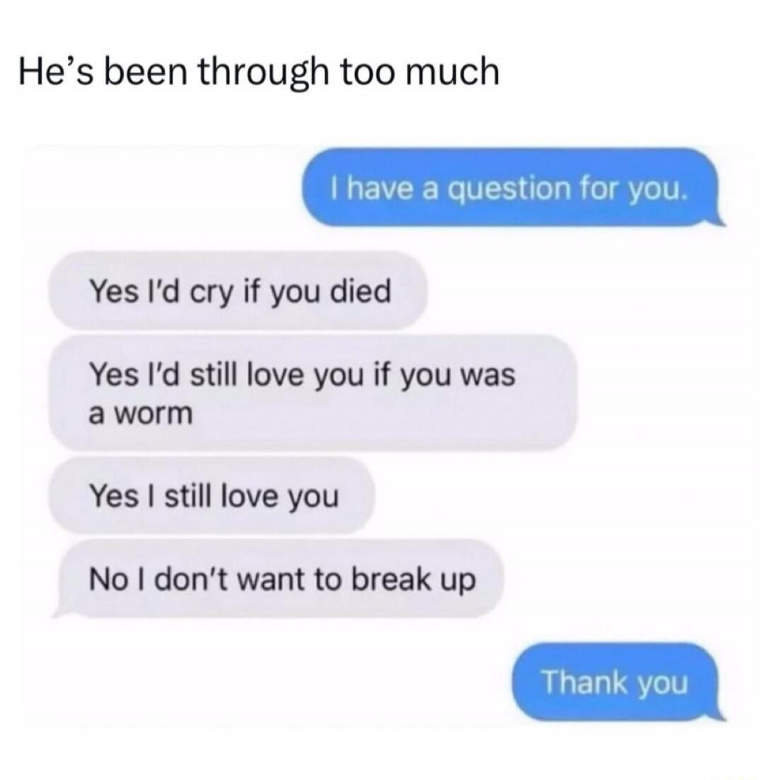 He's been through too much. I have a question for you. Yes I'd cry if you died. Yes I'd still love you if you was a worm. Yes I still love you. No I don't want to break up. Thank you.