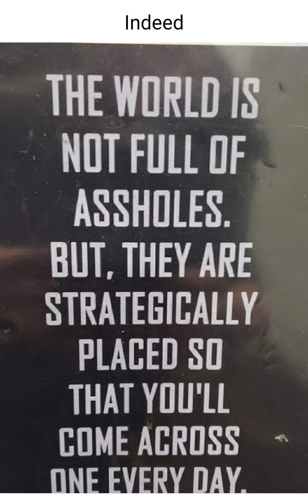 Indeed. THE WORLD IS NOT FULL OF ASSHOLES. BUT, THEY ARE STRATEGICALLY PLACED SO THAT YOU'LL COME ACROSS ONE EVERY DAY.