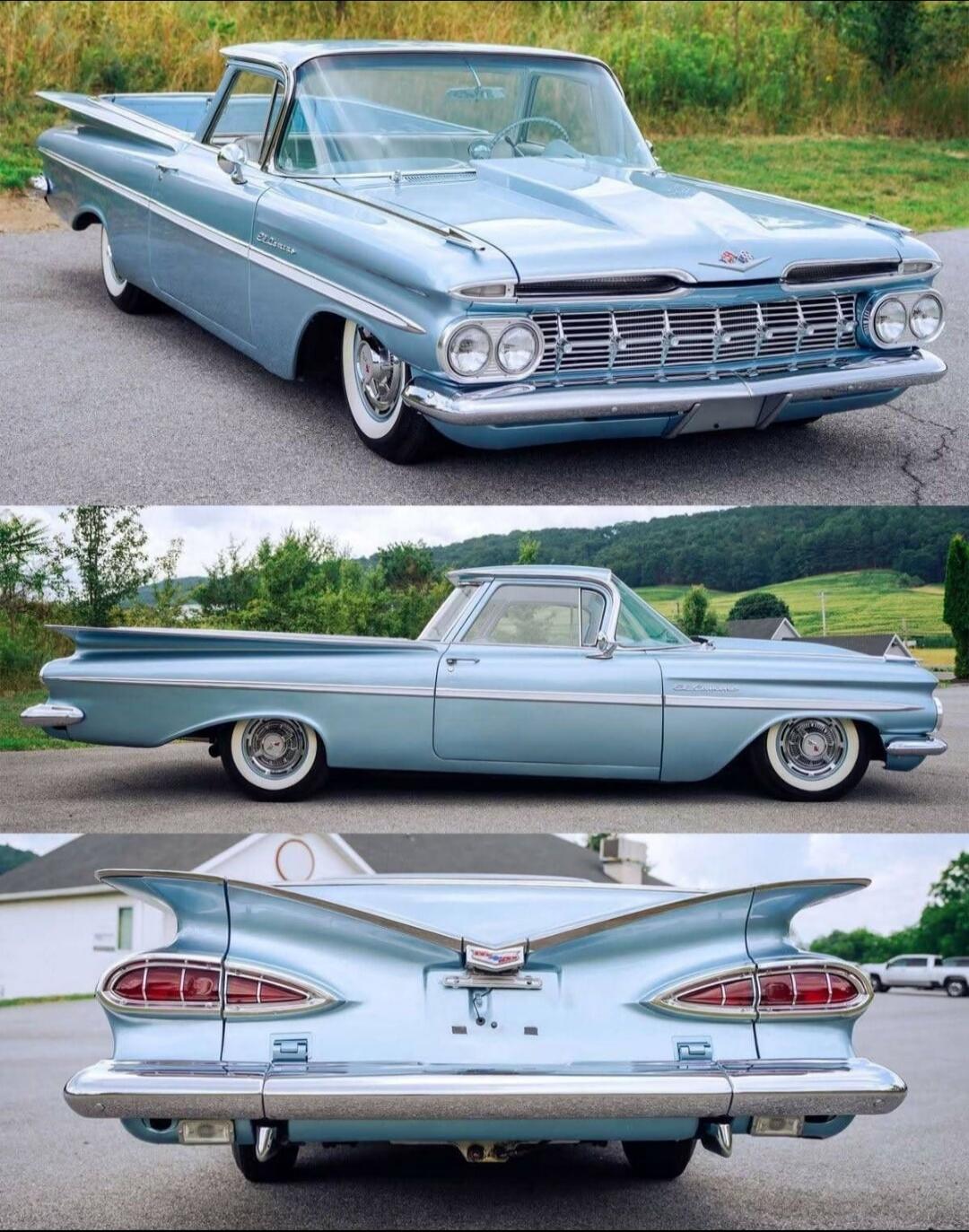 A light blue classic car, possibly a Chevrolet El Camino, is shown from multiple angles. The car features prominent tail fins and whitewall tires.
