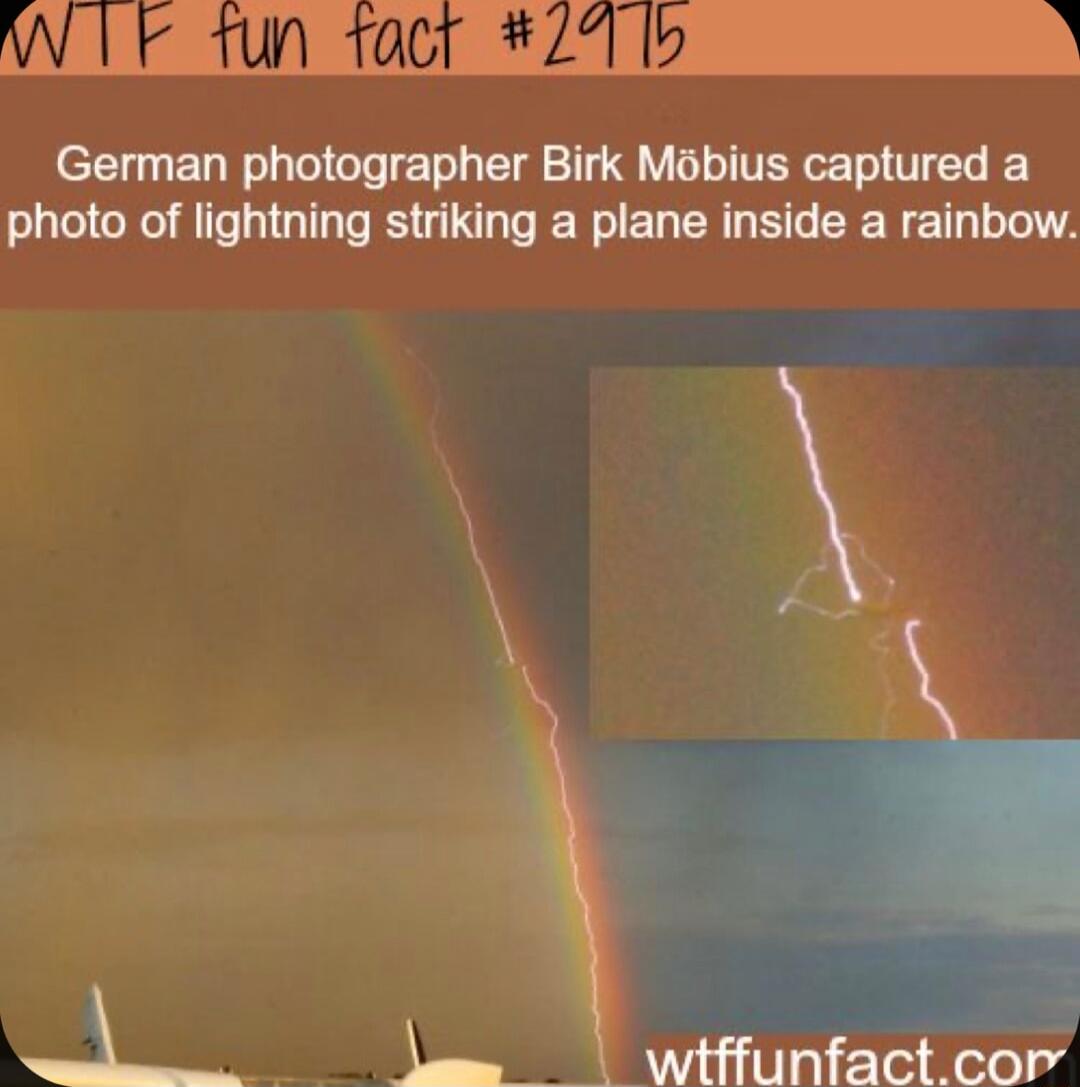 German photographer Birk Mobius captured a photo of lightning striking a plane inside a rainbow