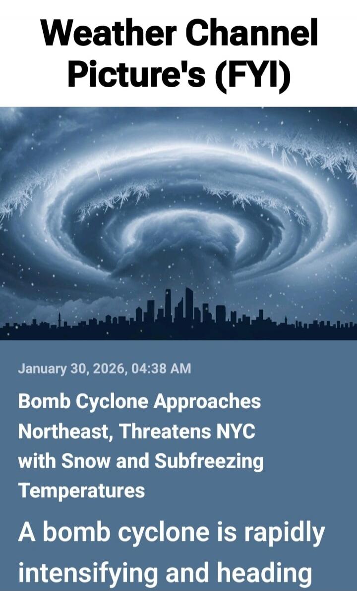 Weather Channel Picture's (FYI)
January 30, 2026, 04:38 AM
Bomb Cyclone Approaches Northeast, Threatens NYC with Snow and Subfreezing Temperatures
A bomb cyclone is rapidly intensifying and heading