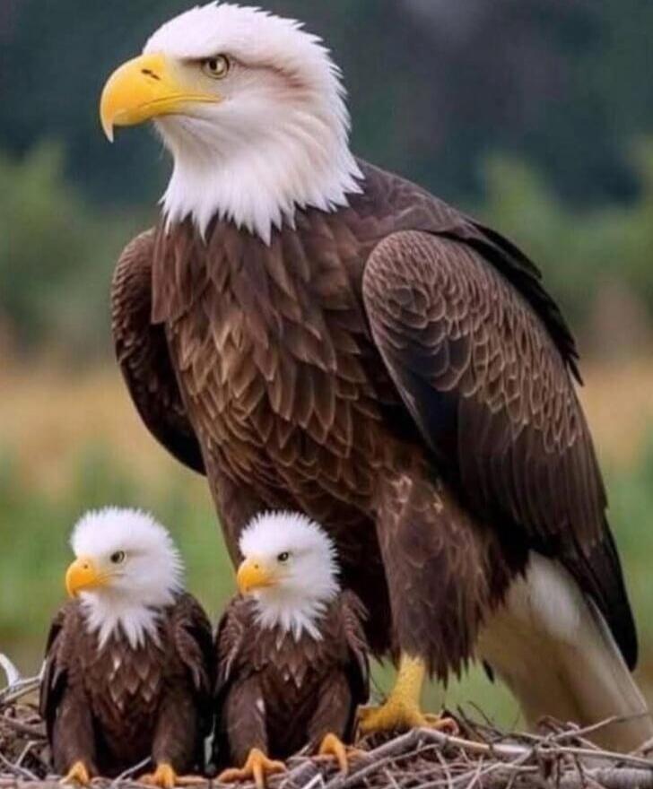 Adult bald eagle with two eaglets perched on a nest.