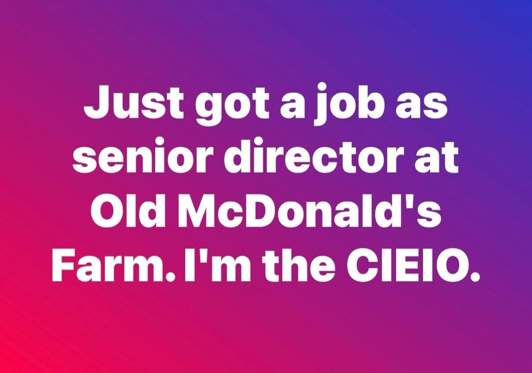 Just got a job as senior director at Old McDonald's Farm. I'm the CIO.