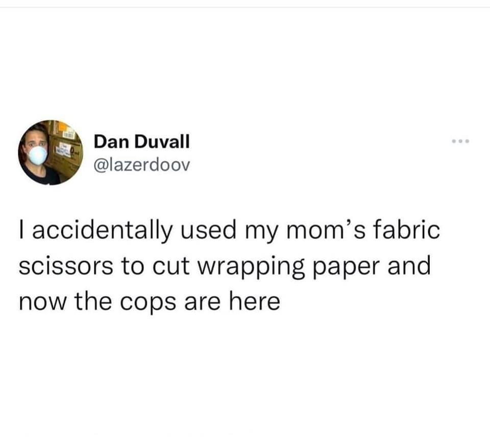 Dan Duvall lazerdoov accidentally used my moms fabric scissors to cut wrapping paper and now the cops are here