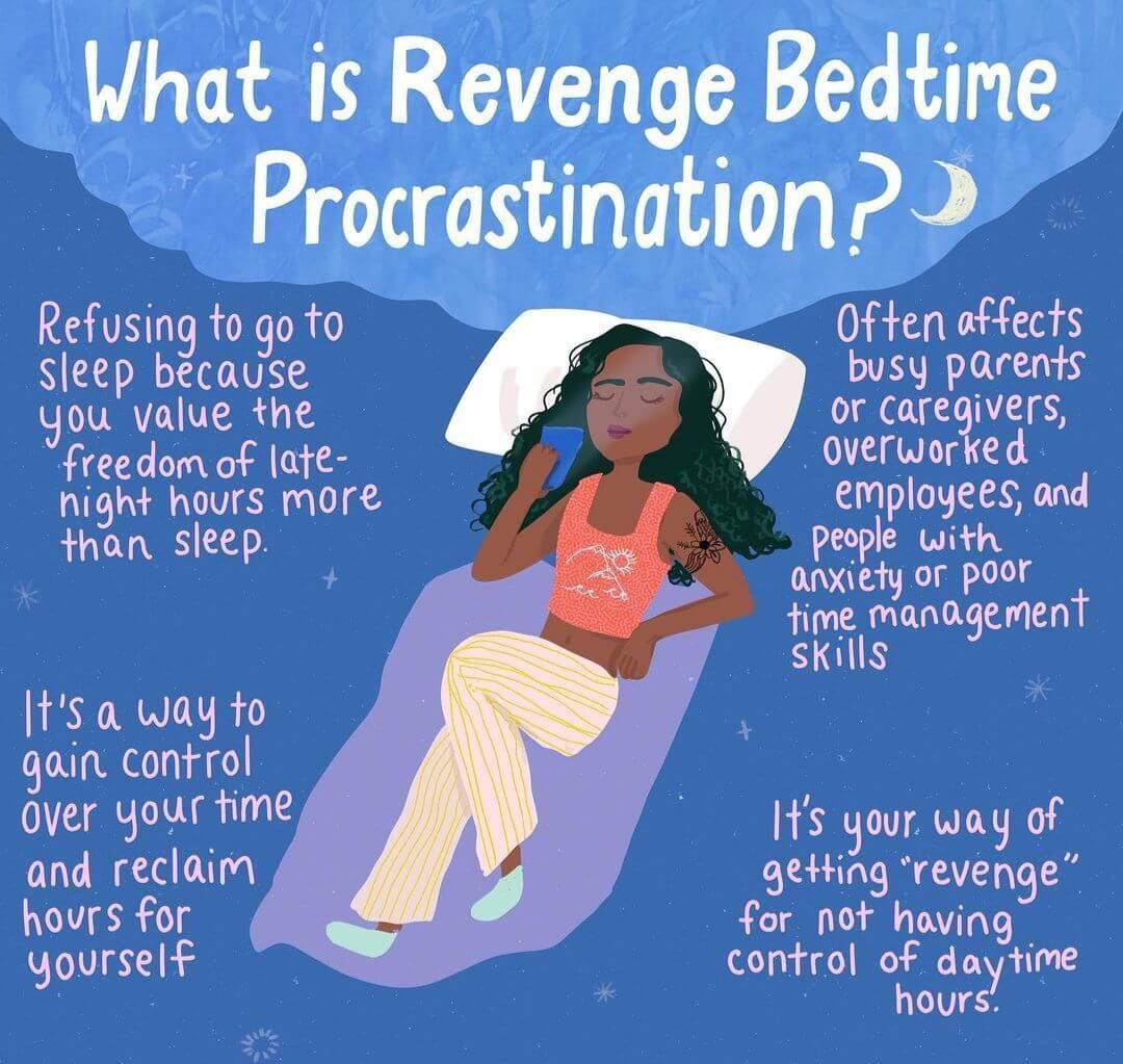 What is Revenge Bedtime Procrastingtion2 Refusing to go to Often affects Sleep because busy parents you value the g4 or aregivers overworked freedom of late hight hours more employees and than sleep i people with Sy anxiety or poor mglmanagemenr S ts a way to gain control Over Your fime Its your way of and reclaim geHing revenge hovrs for for not having yoursef control of daytime hours