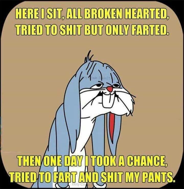 HERE I SIT, ALL BROKEN HEARTED, TRIED TO SHIT BUT ONLY FARTED. THEN ONE DAY I TOOK A CHANCE, TRIED TO FART AND SHIT MY PANTS.