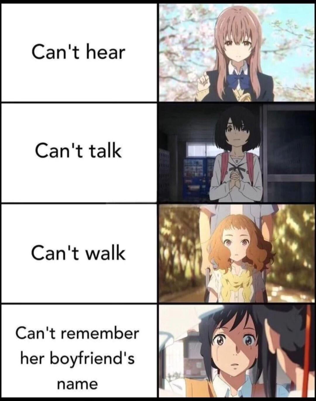 Cant hear Cant talk Cant walk Cant remember her boyfriends name