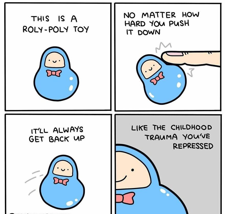 THIS IS A ROLY POLY TOY ITLL ALWAYS GET BACK UP NO MATTER HOW HARD YOU PUsH IT DOWN LIKE THE CHILDHOOD TRAUMA YOUVE REPRESSED