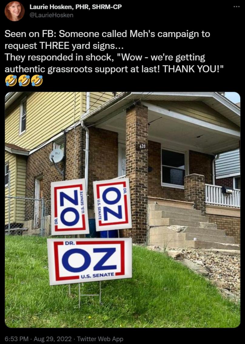 Laurie Hosken PHR SHRM CP Seen on FB Someone called Mehs campaign to request THREE yard signs They responded in shock Wow were getting authentic grassroots support at last THANK YOU 990