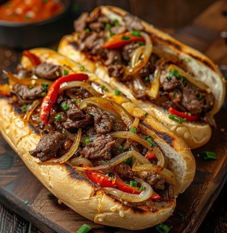 Beef sandwich with onions and peppers (looks like a loaded steak hoagie).
