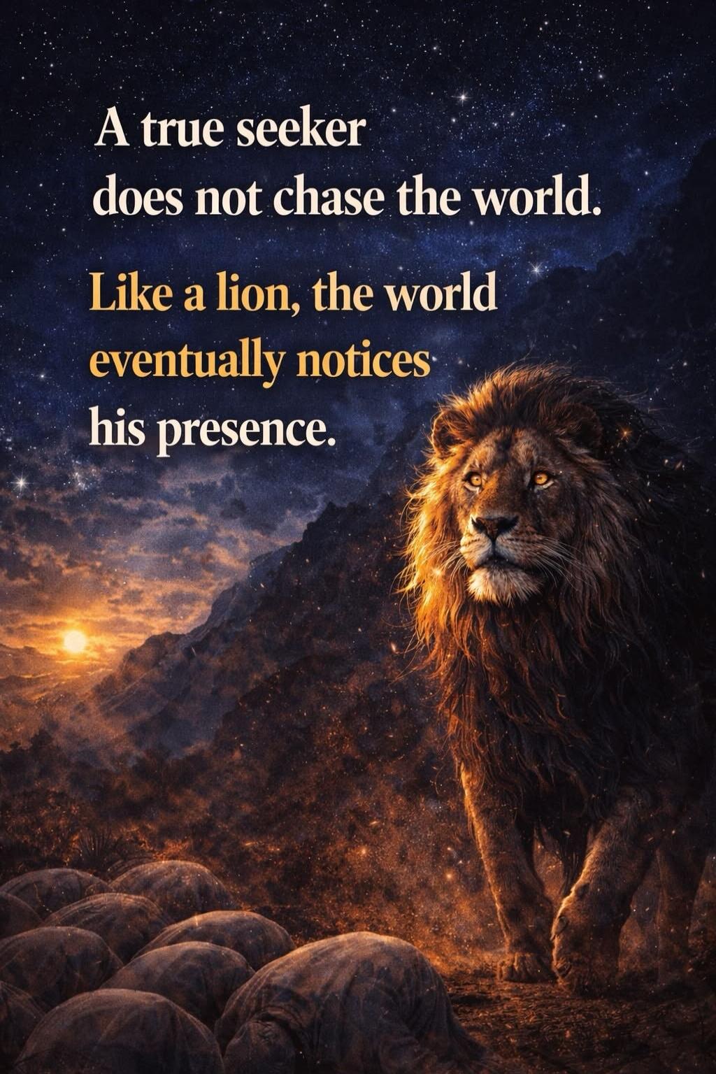 A true seeker does not chase the world. Like a lion, the world eventually notices his presence.