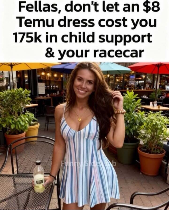 Fellas, don't let an $8 Temu dress cost you 175k in child support & your racecar