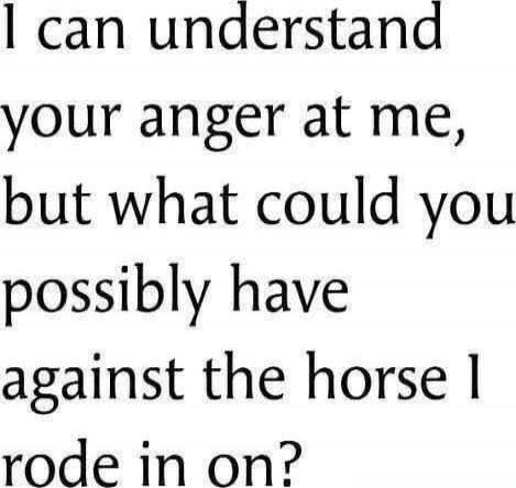 I can understand your anger at me, but what could you possibly have against the horse I rode in on?