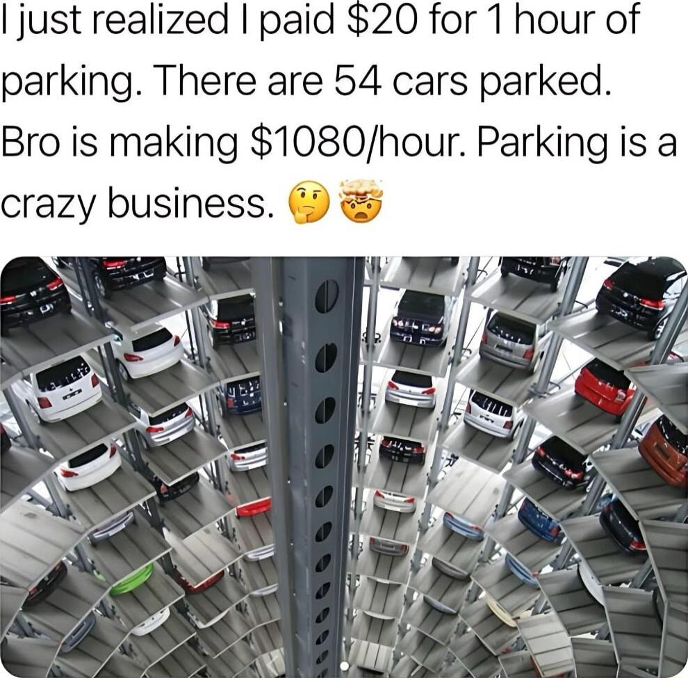 just realized paid 20 for 1 hour of parking There are 54 cars parked Bro is making 1080hour Parking is a crazy business