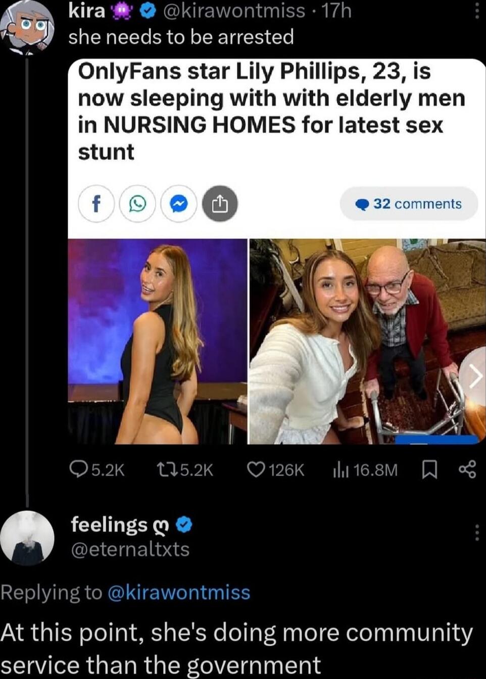 kira ontm 17F she needs to be arrested OnlyFans star Lily Phillips 23 is now sleeping with with elderly men in NURSING HOMES for latest sex At this point shes doing more community service than the government