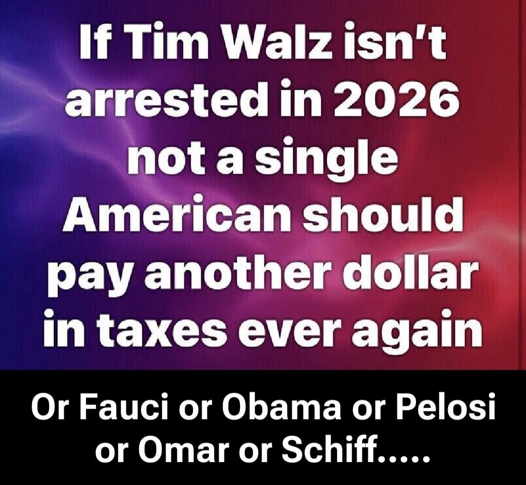If Tim Walz isn't arrested in 2026 not a single American should pay another dollar in taxes ever again Or Fauci or Obama or Pelosi or Omar or Schiff.....