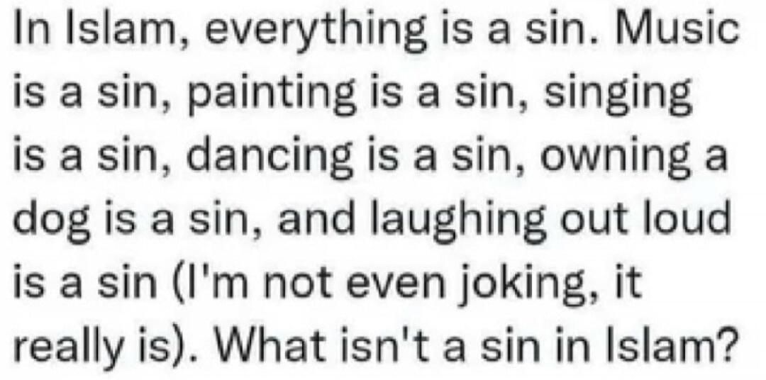 In Islam, everything is a sin. Music is a sin, painting is a sin, singing is a sin, dancing is a sin, owning a dog is a sin, and laughing out loud is a sin (I'm not even joking, it really is). What isn't a sin in Islam?