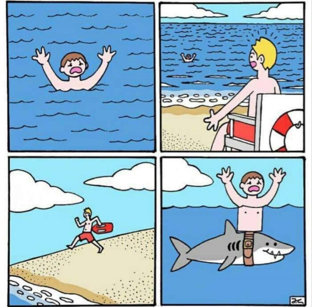 A person appears to be drowning in the water, raising their arms for help. A lifeguard on the beach spots them and rushes to the rescue with a lifebuoy. However, it turns out the person is actually riding a shark, strapped to its back, still pretending to drown.