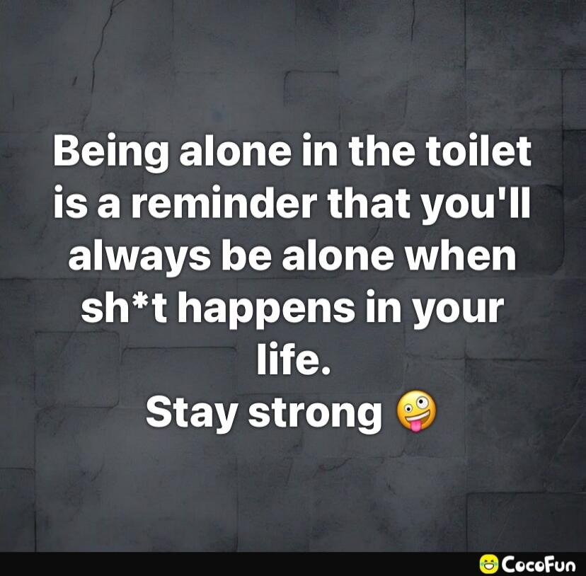 Being alone in the toilet is a reminder that you'll always be alone when sh*t happens in your life. Stay strong 😜