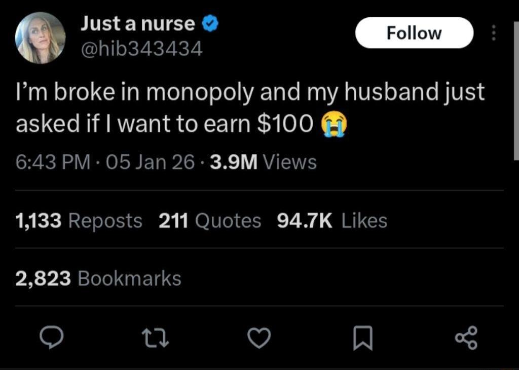 Just a nurse @hib343434 I’m broke in monopoly and my husband just asked if I want to earn $100 😭
